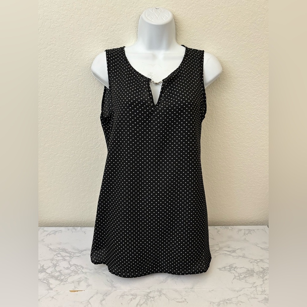 Spense Women's Sleeveless Pullover Shirt M Black Pola Dots Keyhole Chest Top A2​